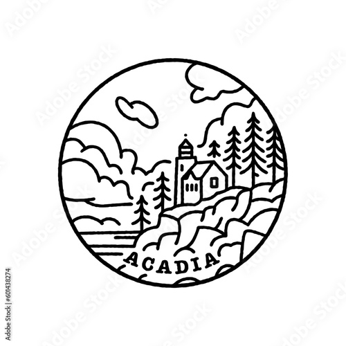 Vintage vector black and white round label. National parks of the USA. Acadia. Maine.