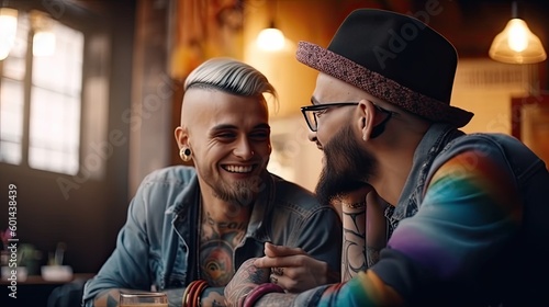 Laughing men friends couple in cafe, attractive young men lovers with multicolored haircut and tattooed face, LGBT openly gays dating in public cafe, sensitive same gender relationships, generative AI