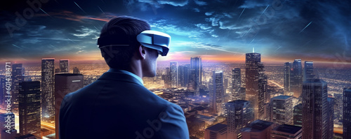 virtual reality helmet. close up of a person wearing a virtual reality device. Generative Ai