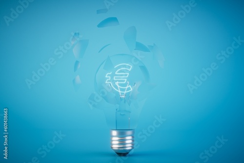 Bad idea for making money. A broken light bulb with a euro icon inside. 3D render