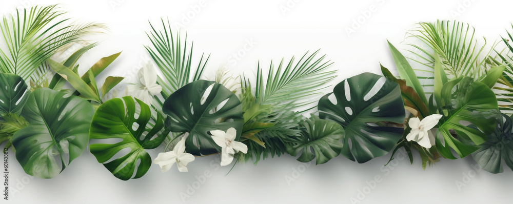 tropical plants border with white flowers and leaves. Generative Ai