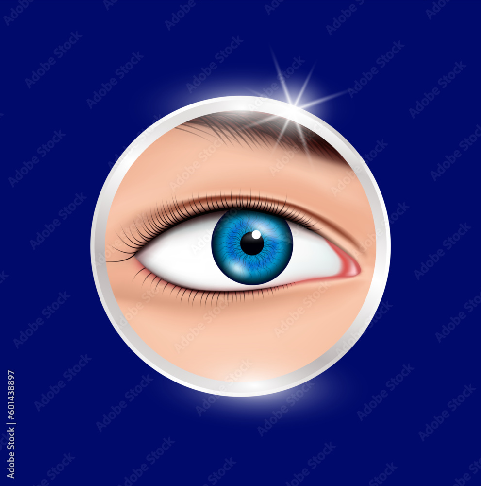 Healthy eye. Sticker label silver circle frame for nutrition products food logo template design. Lutein, Zeaxanthin and Vitamins complex with chemical formula from marigold to nourish eyes 3D Vector.