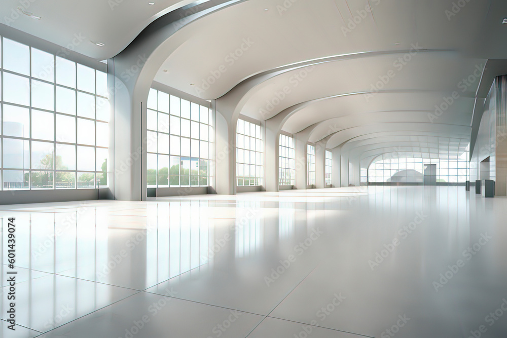 Indoor space of airport terminal building. AI technology generated image