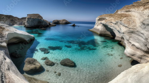 beautiful bay on milos island in greece. Generative AI photo