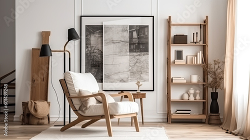 a modern bright living room with an armchair. Generative AI © jr-art