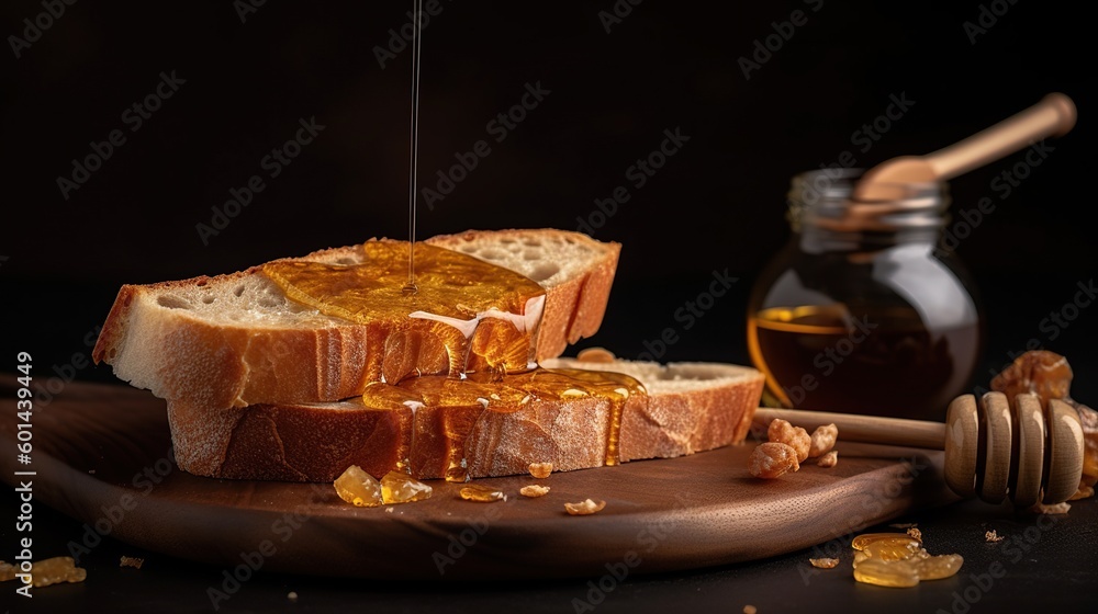 A slice of bread with honey dripping down the top, generative ai