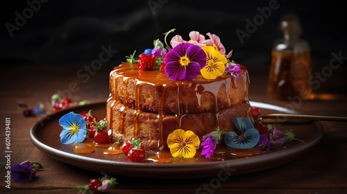 A cake with a honey sauce and edible flowers on the top  generative ai