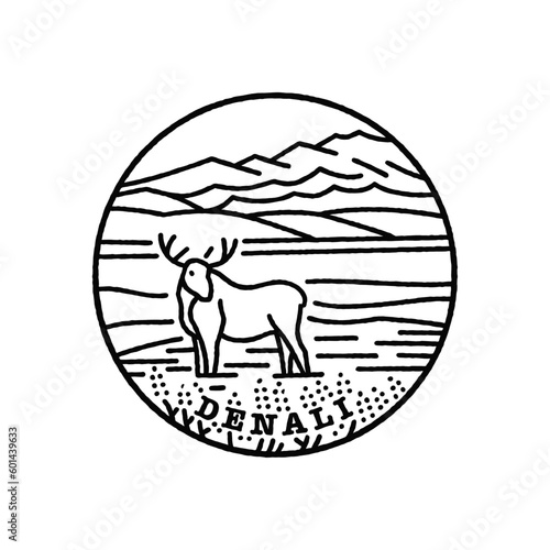 Vintage vector black and white round label. National parks of the USA. Denali. Alaska.