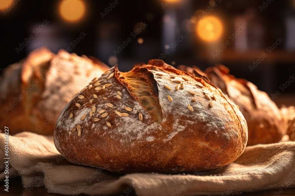 Loaf of bread on table close up view. Fresh baked bread, bakery background. Generative AI
