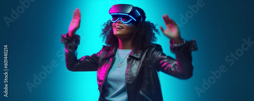 virtual reality helmet. surprised smiling woman wearing virtual reality glasses. Generative Ai