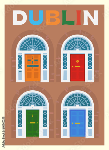 Vector premium travel poster. Colorful antique front doors in Dublin, Ireland.