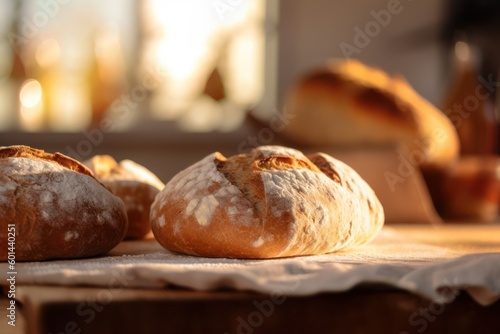 Loaf of bread on table close up view. Fresh baked bread, bakery background. Generative AI