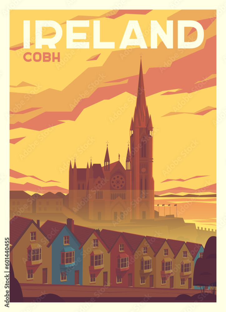 Vector premium travel poster. Beautiful view of St Colman's Cathedral. Dramatic lighting. City of Cobh, Ireland.