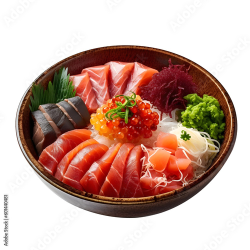 traditional red bowl japanese Fresh Sashimi with toping