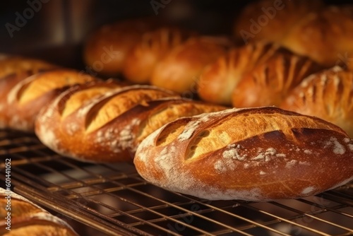 Freshly baked bread on bakery shelf, close up. Generative AI