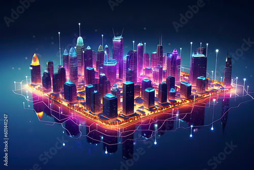 Smart city on circuit board background..AI technology generated image