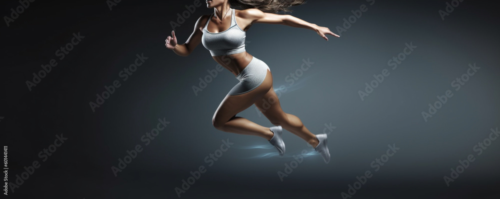 woman doing fitness.  woman in a white outfit jumping in the air. Generative Ai