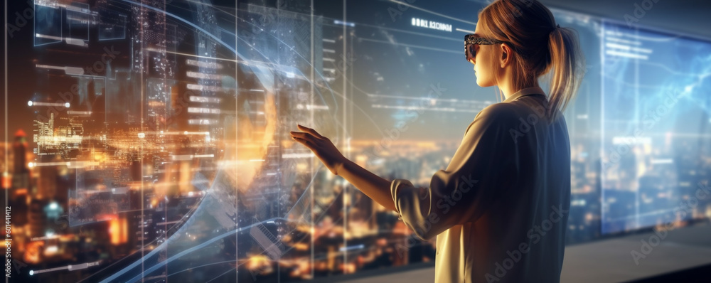 ai technology. woman looking at a futuristic city. Generative Ai ai technology. woman looking at a futuristic city. Generative Ai
