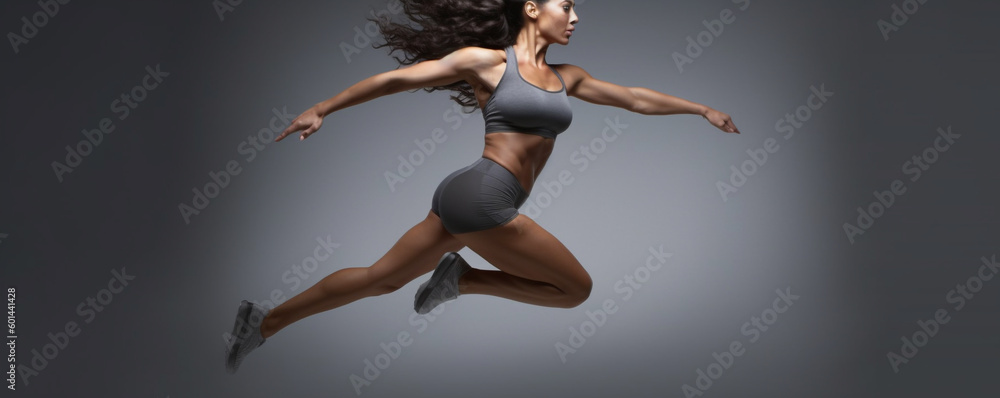 woman doing fitness. woman running in the air in a gray outfit. Generative Ai