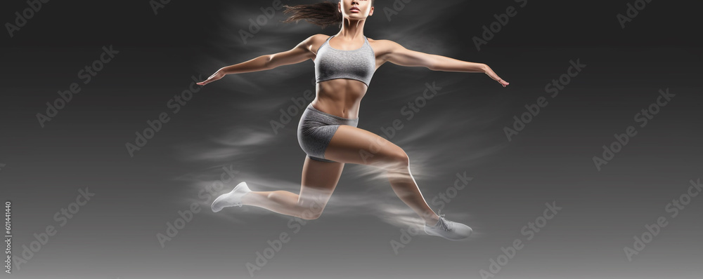 Naklejka premium woman doing fitness. woman jumping in the air with a gray background. Generative Ai
