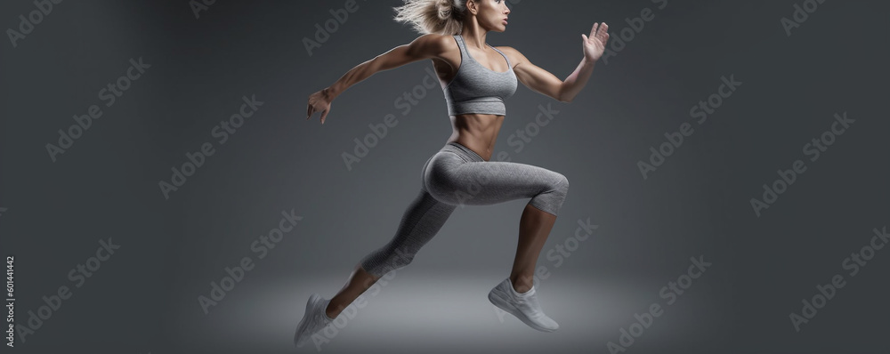 woman doing fitness. woman in a gray sports bra top and leggings running. Generative Ai