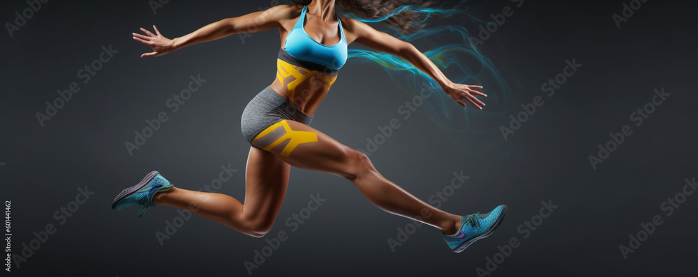woman doing fitness.  woman is running in a blue and yellow outfit. Generative Ai