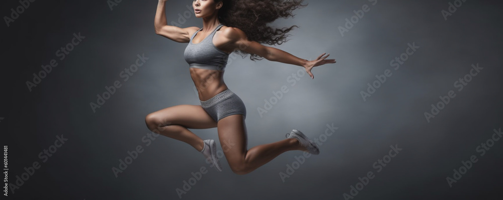 woman doing fitness. woman jumps in the air with her arms outstretched. Generative Ai