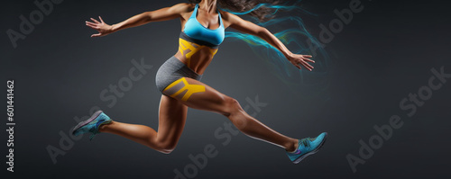 woman doing fitness. woman is running in a blue and yellow outfit. Generative Ai