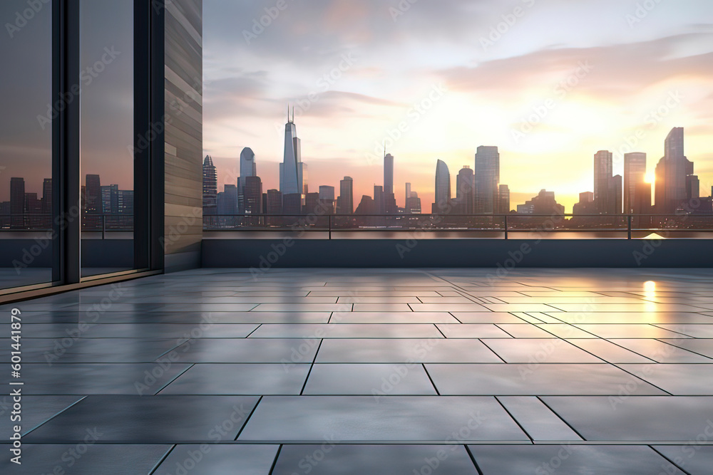 Empty ground and urban skyline. AI technology generated image