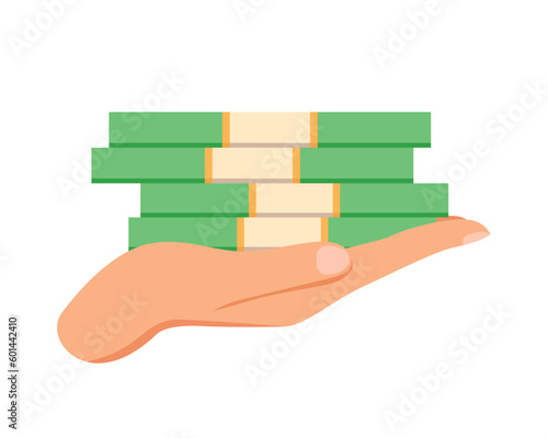 Character's hand with dolarama in hand, dolar notes in palm, white background, concept of taking money and repaying debt, stack of money, flat style vector illustration
