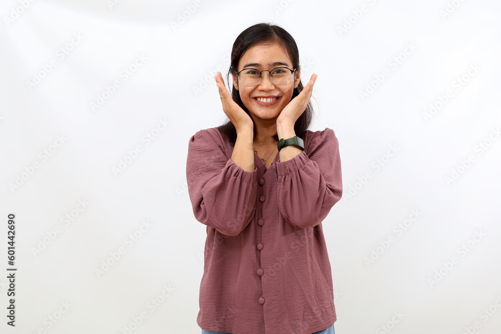 Happy expression of young asian woman while looking at the camera. Isolated on white Happy expression of young asian woman while looking at the camera. Isolated on white