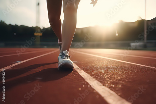 Close-up of the legs of runners on the track. AI technology generated image