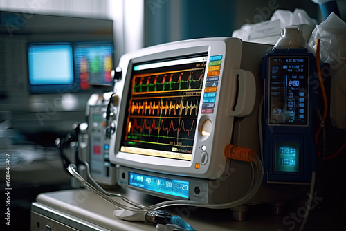 Intensive care unit (ICU) with medical equipment and monitors, Generative AI