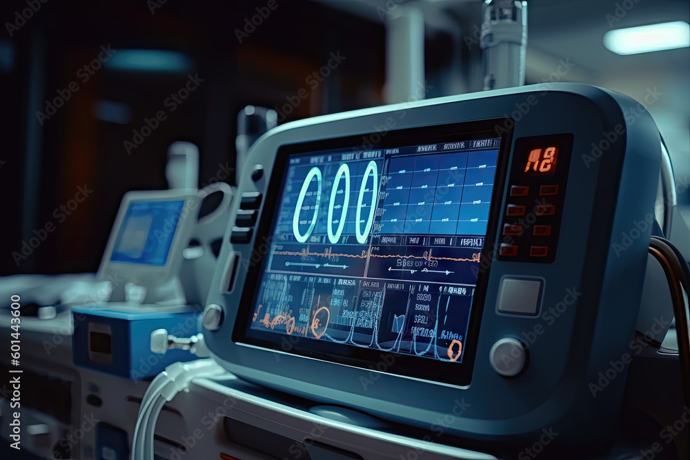 Intensive care unit (ICU) with medical equipment and monitors, Generative AI