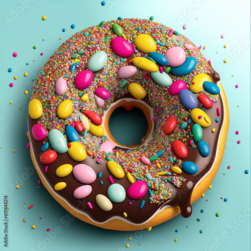 Cute, colorful and glossy donut with chocolate glaze and multicolored decoration. Donut on blue background.