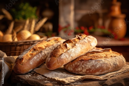 Bread loaves close up view. Fresh baked bread, traditional bakery background. Generative AI