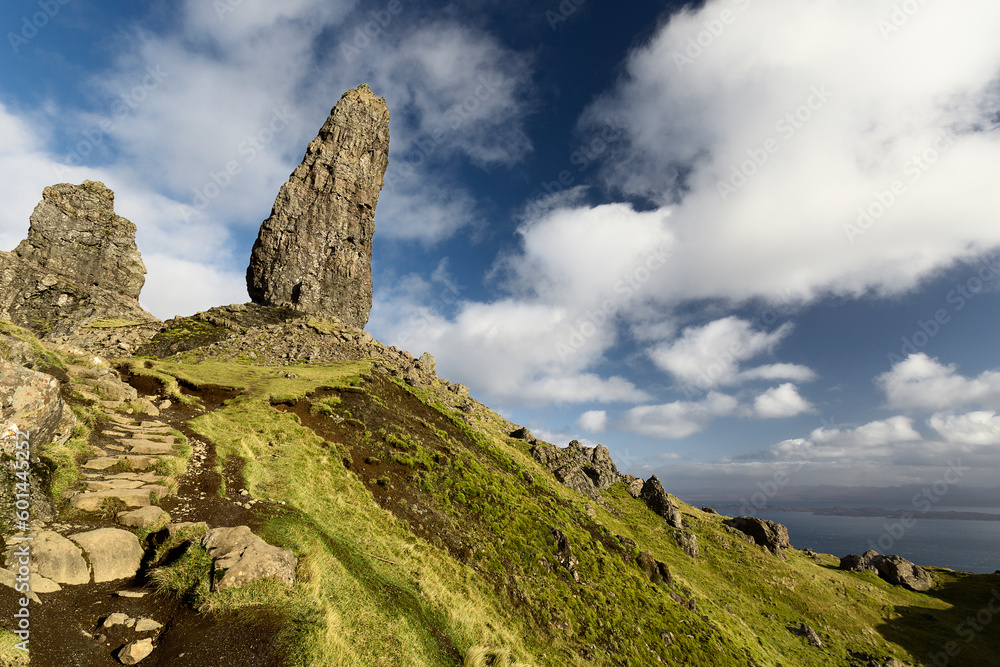 Landscape of the Old Man of Storr on the Isle of Skye, the rocks of this name looking at the cloudy sky.