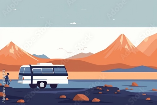 a van parked in natural background view with mountains on sunset, family road trip by caravan rv photo