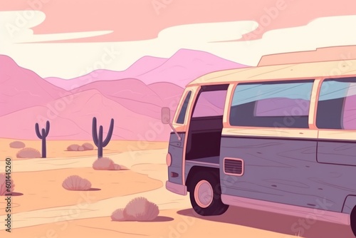 illustration of van caravan in natural backdrop mountains, family road trip in the highlands by RV
