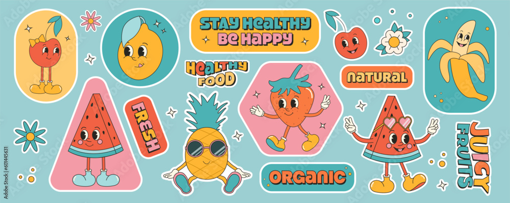 Collection of summer fruit stickers in groovy retro style. Set of healthy natural food stickers, product labels and tags. Mascot characters.