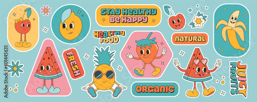 Collection of summer fruit stickers in groovy retro style. Set of healthy natural food stickers, product labels and tags. Mascot characters.