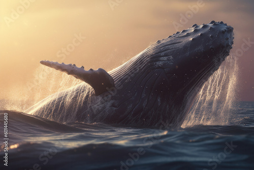 Breathtaking photo captures the moment when a humpback whale breaches out of the water, displaying its majestic movement and stunning fin. Witness the beauty of nature and wildlife. AI Generative.