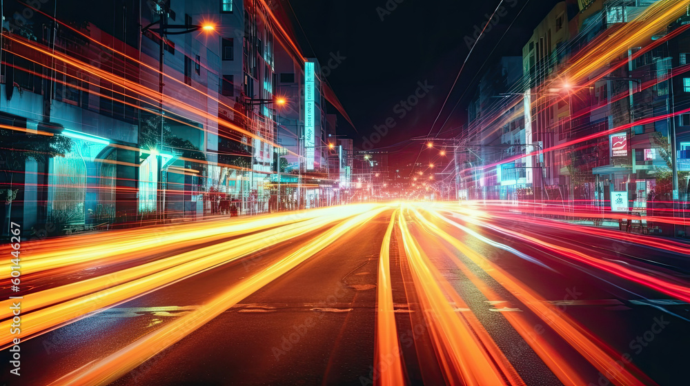 Obraz premium Vehicle lights on the streets of a city at night. Long exposure shot. Generative AI