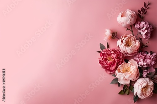 Peonies, roses on pink background with copy space. Women's Day or Saint Valentine's Day concept. Top view. Wedding invitation with text space. Mother Day concept. Generative AI