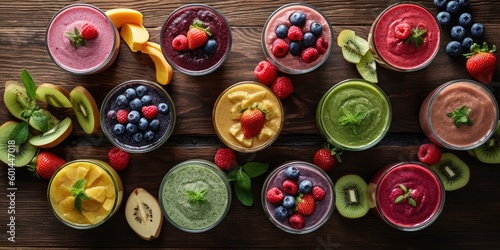 fresh fruit smoothies glasses top view with fruits on a wooden table generative ai illustration 