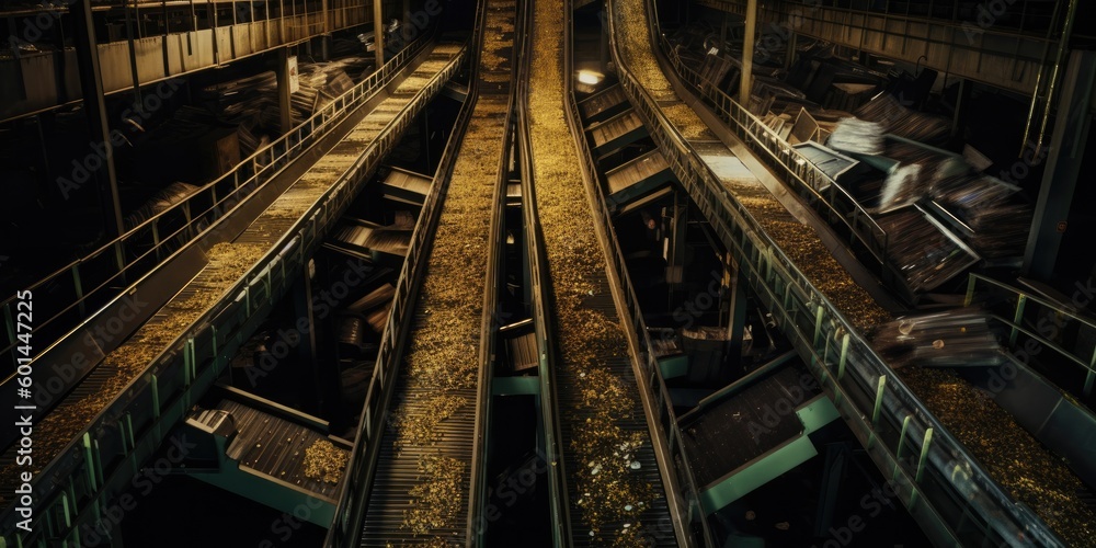 Top View of Conveyor Belt in Waste Processing Facility - Generative AI Illustration Top View of Conveyor Belt in Waste Processing Facility - Generative AI Illustration