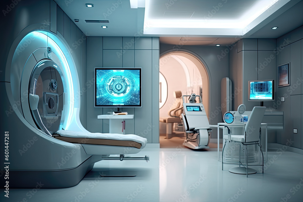 Radiology room with a patient undergoing an X-ray or MRI scan, Generative AI Radiology room with a patient undergoing an X-ray or MRI scan, Generative AI