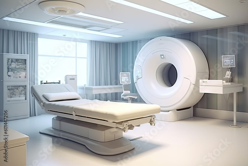 Radiology room with a patient undergoing an X-ray or MRI scan, Generative AI