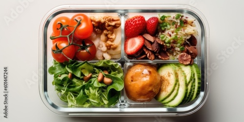 Glass Lunch Box Full of Salad on Office Desk - Top View Generative AI Illustration