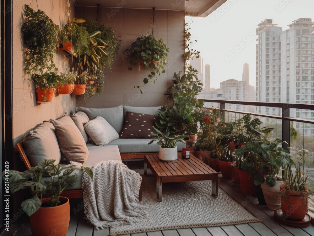balcony furniture , garden view , modern balcony